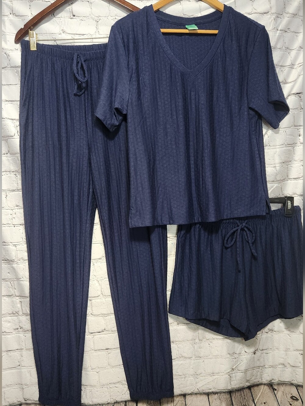 HoneyDew Intimates 3 Piece Navy V-Neck Textured Top,Drawstring Pants + PJ Shorts